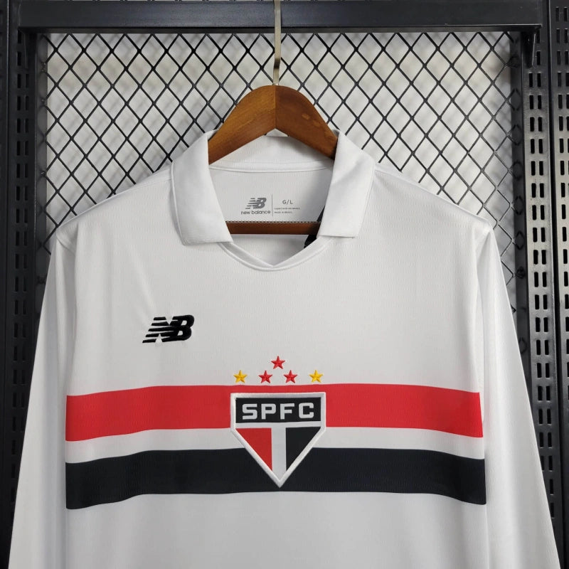 Camisa Manga Longa São Paulo Home 2024/25 - New Balace Torcedor Masculina - Branca/Vermelha