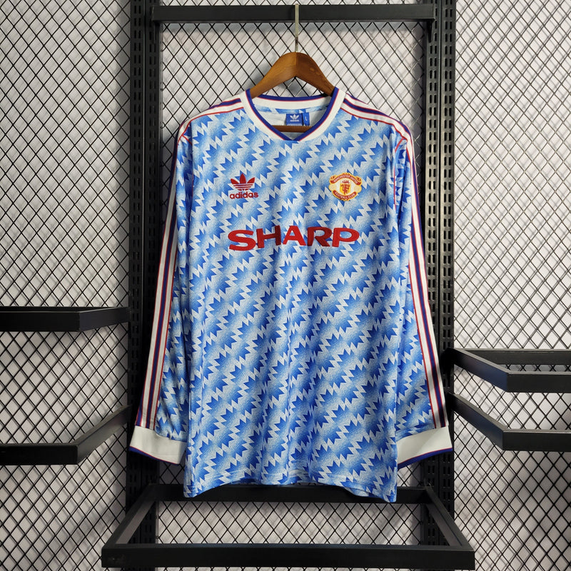 Camisa Manchester United  Manga Comprida Away 1990/92 - Adidas Retrô Masculina - Azul/Branca