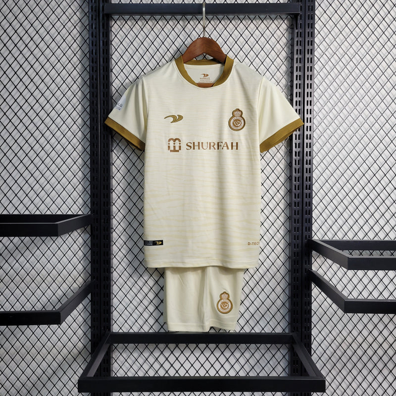 kit-conjunto-infantil-camisa-shorts-al-nassr-third-3-terceira-2022-23-duneus-torcedor-masculina-masculino-bege-caramelo-cr7-cristiano-ronaldo-alvaro-gonzalez-luiz-gustavo-arabia-saudita-shurfah
