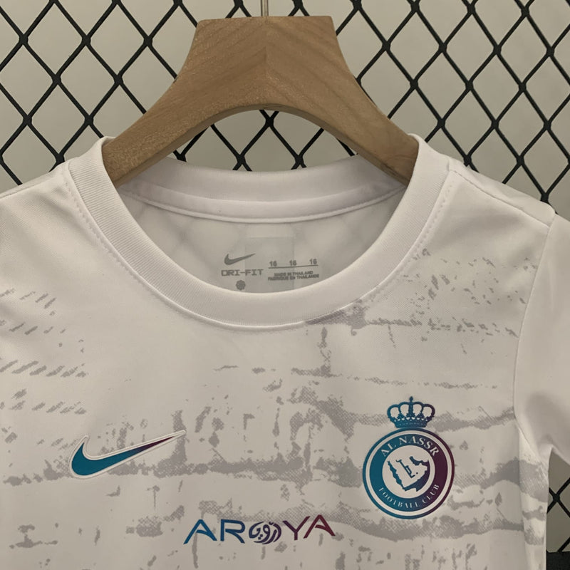 kit-conjunto-infantil-camisa-shorts-al-nassr-third-3-terceira-2023-24-nike-torcedor-masculina-masculino-azul-branco-branca-colorida-refletivel-cr7-cristiano-ronaldo-talisca-mane-kafd-aroya-arabia-saudita
