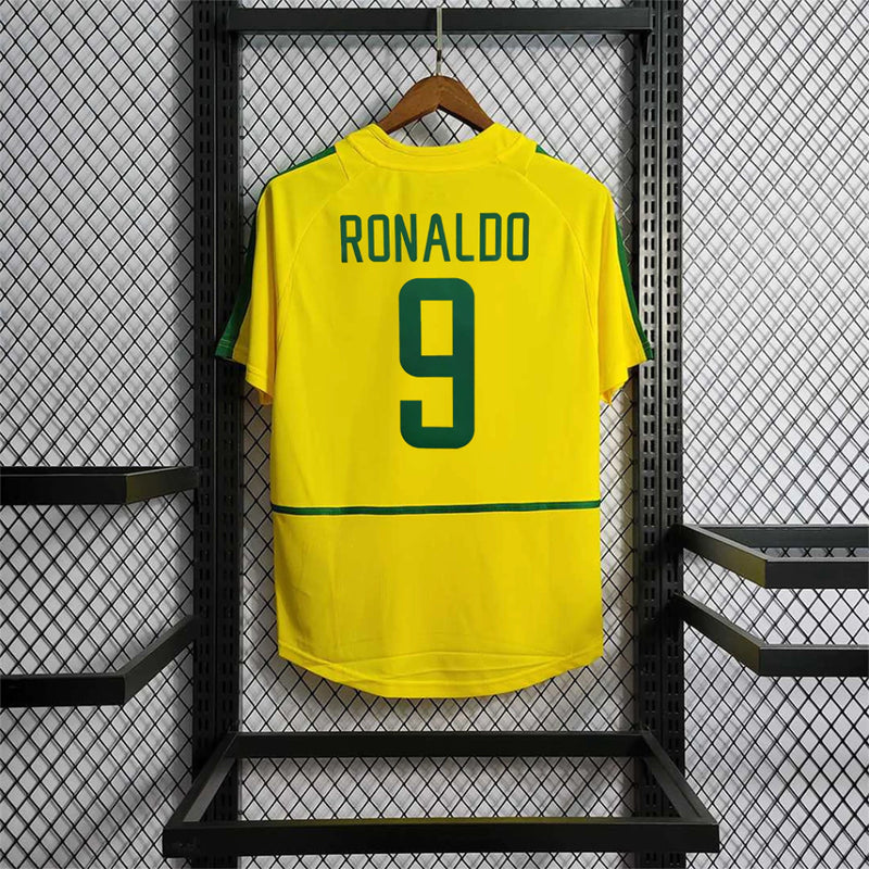 Camisa Pronta Entrega Seleção Brasil Home 2002 - Nike Retrô Masculina - Amarela/Verde + RONALDO N°9 + Frete Grátis