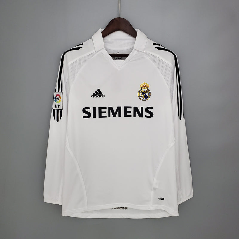 camisa-masculina-manga-longa-real-madrid-madri-home-titular-1-2005-06-adidas-retro-branca-branco-preto-preta-ronaldo-cr7-siemens